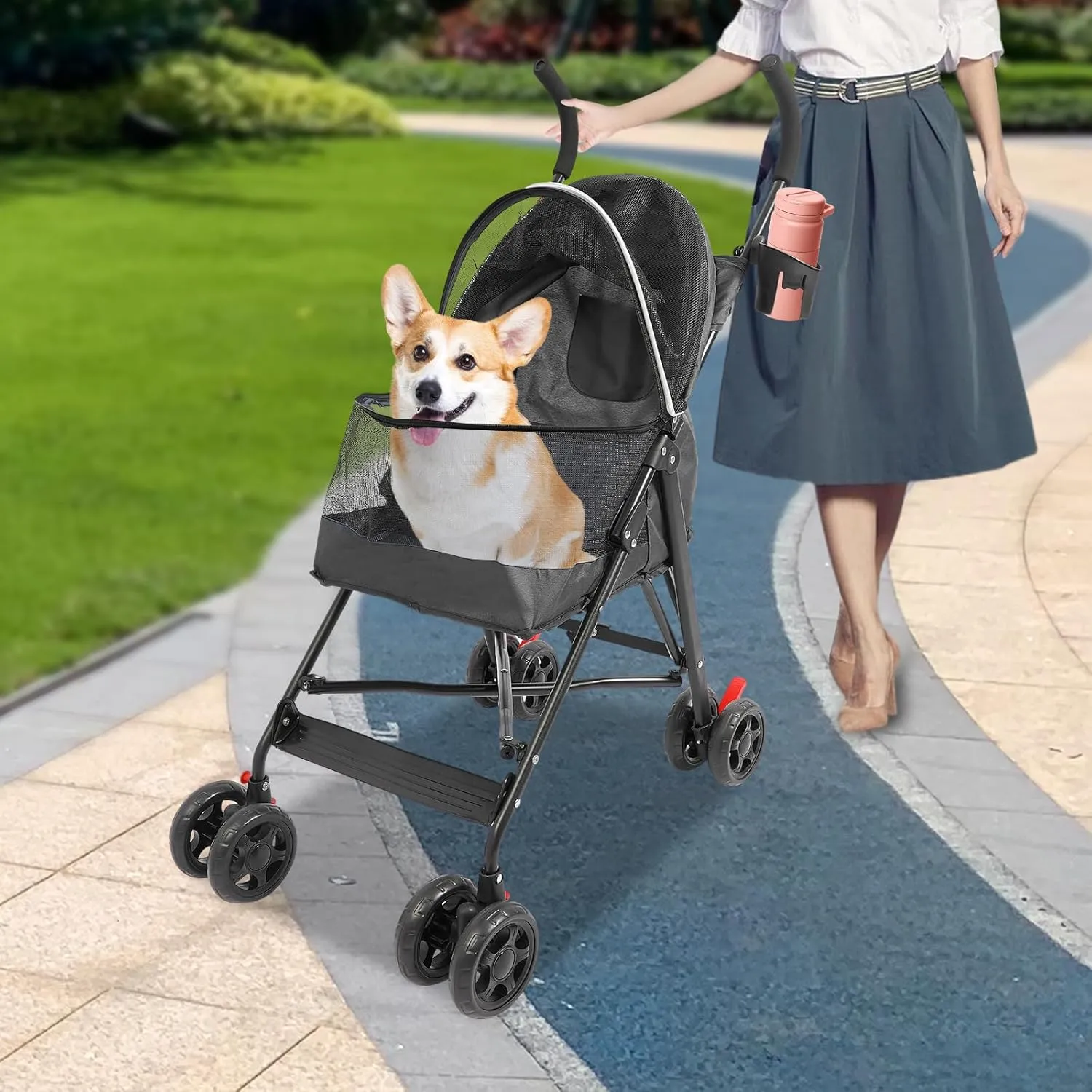Folding Dog Stroller for Cats and Dogs, Zipper Entry Pet Stroller with Breathable Mesh, Waterproof, Scratch-Resistant, Safety Tether, Cup Holder and Pocket, for Small and Medium-Sized Pets