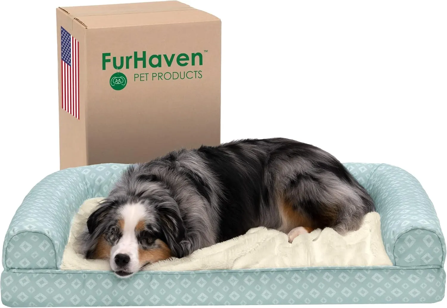 Furhaven Cozy Orthopedic Dog Bed for Large/Medium Dogs w/ Removable Bolsters & Washable Cover, For Dogs Up to 55 lbs - Plush & Diamond Print Nest Top Sofa - Aqua, Large