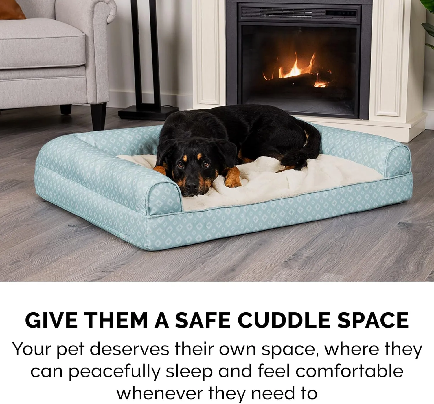 Furhaven Cozy Orthopedic Dog Bed for Large/Medium Dogs w/ Removable Bolsters & Washable Cover, For Dogs Up to 55 lbs - Plush & Diamond Print Nest Top Sofa - Aqua, Large