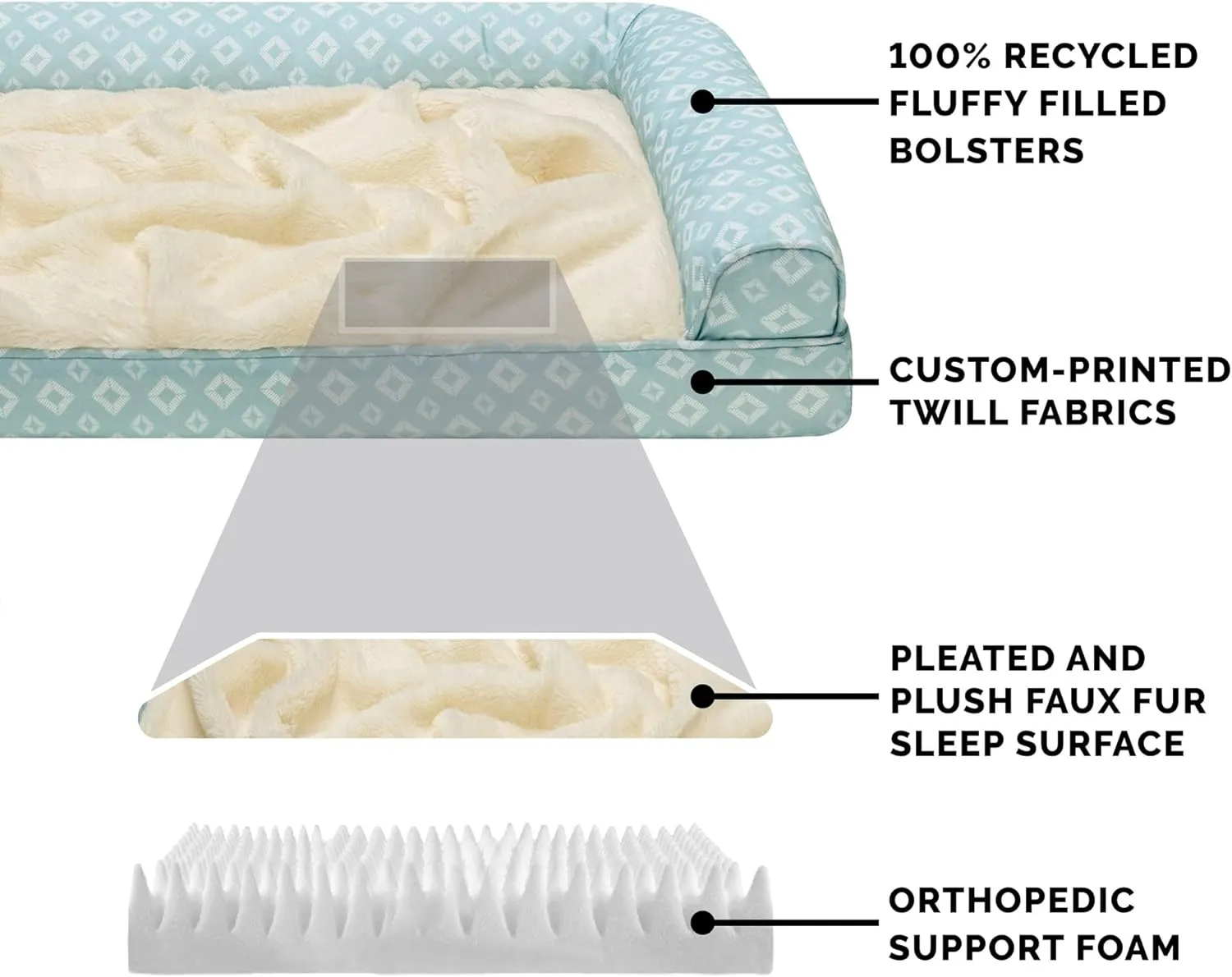 Furhaven Cozy Orthopedic Dog Bed for Large/Medium Dogs w/ Removable Bolsters & Washable Cover, For Dogs Up to 55 lbs - Plush & Diamond Print Nest Top Sofa - Aqua, Large