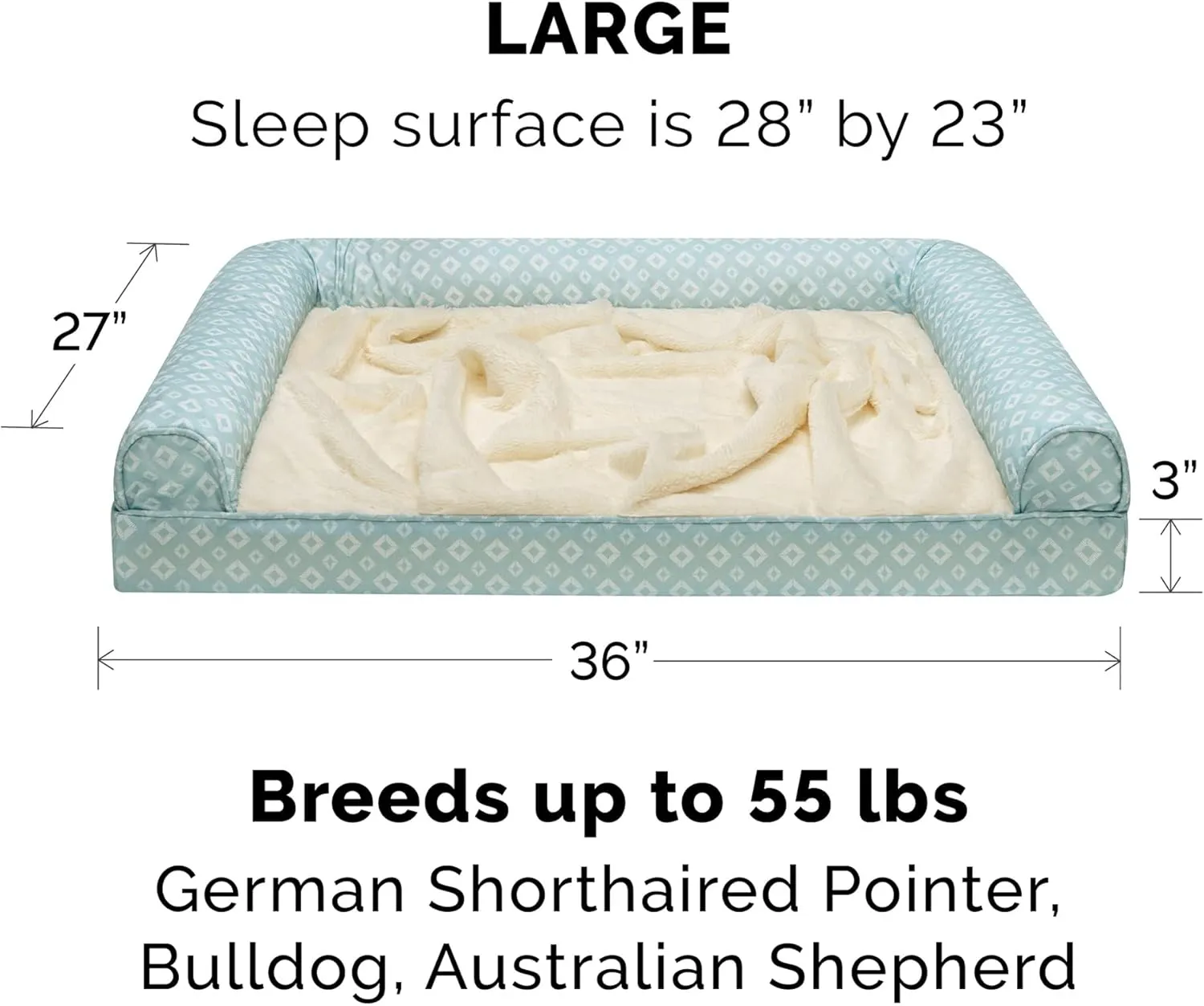 Furhaven Cozy Orthopedic Dog Bed for Large/Medium Dogs w/ Removable Bolsters & Washable Cover, For Dogs Up to 55 lbs - Plush & Diamond Print Nest Top Sofa - Aqua, Large