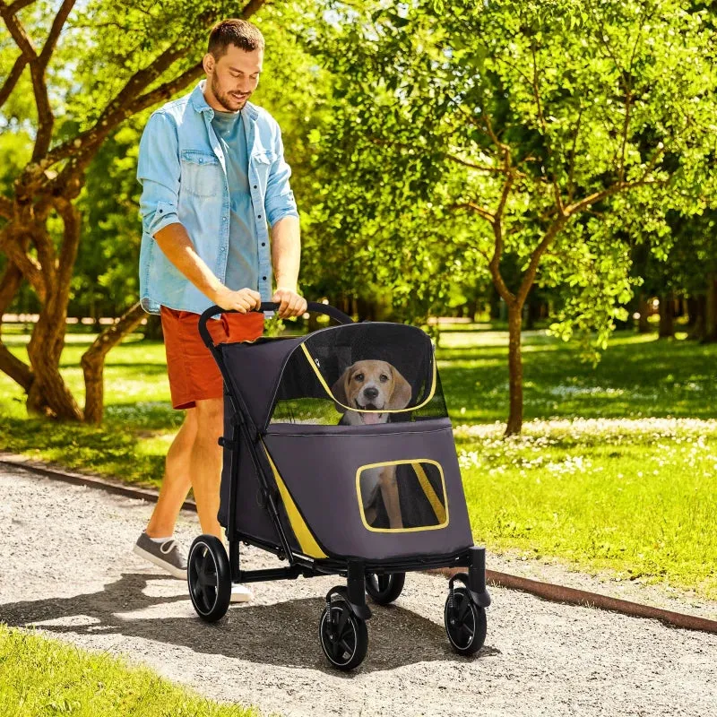 Grey Foldable Pet Stroller with Universal Wheels for Medium and Large Dogs