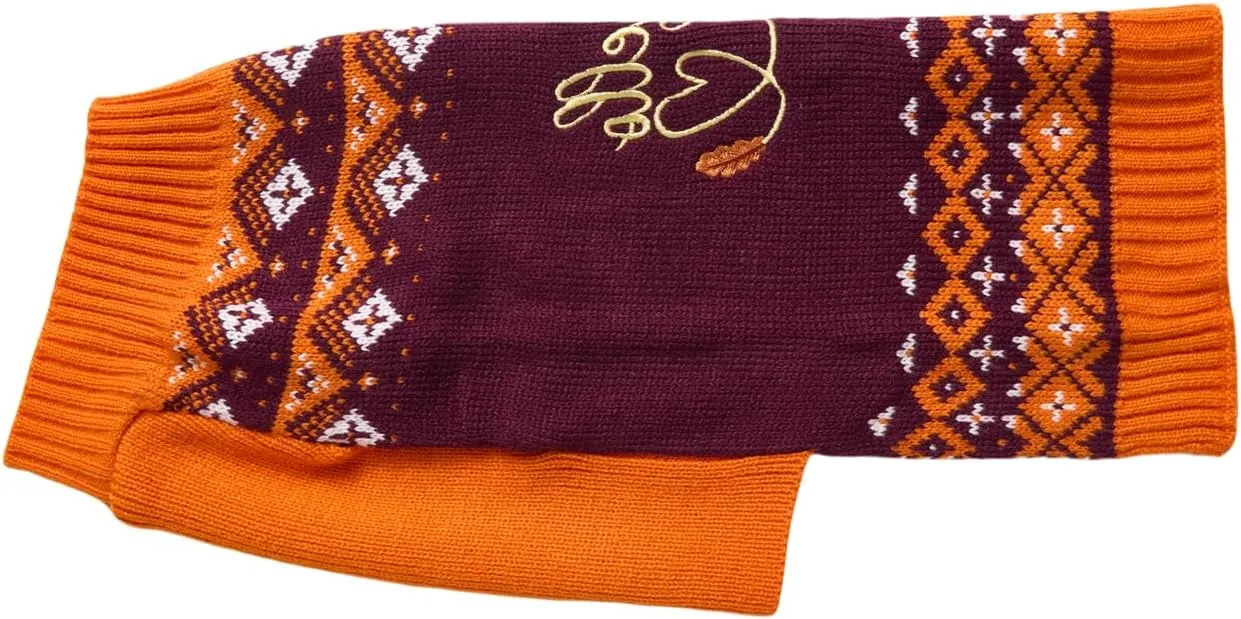Hello Fall Leaves Thanksgiving Dog Sweater, Harvest Time Small Dog Fall Sweaters for Dogs Girls Boys, Orange, Medium M Size 14" Back