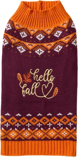 Hello Fall Leaves Thanksgiving Dog Sweater, Harvest Time Small Dog Fall Sweaters for Dogs Girls Boys, Orange, Medium M Size 14" Back