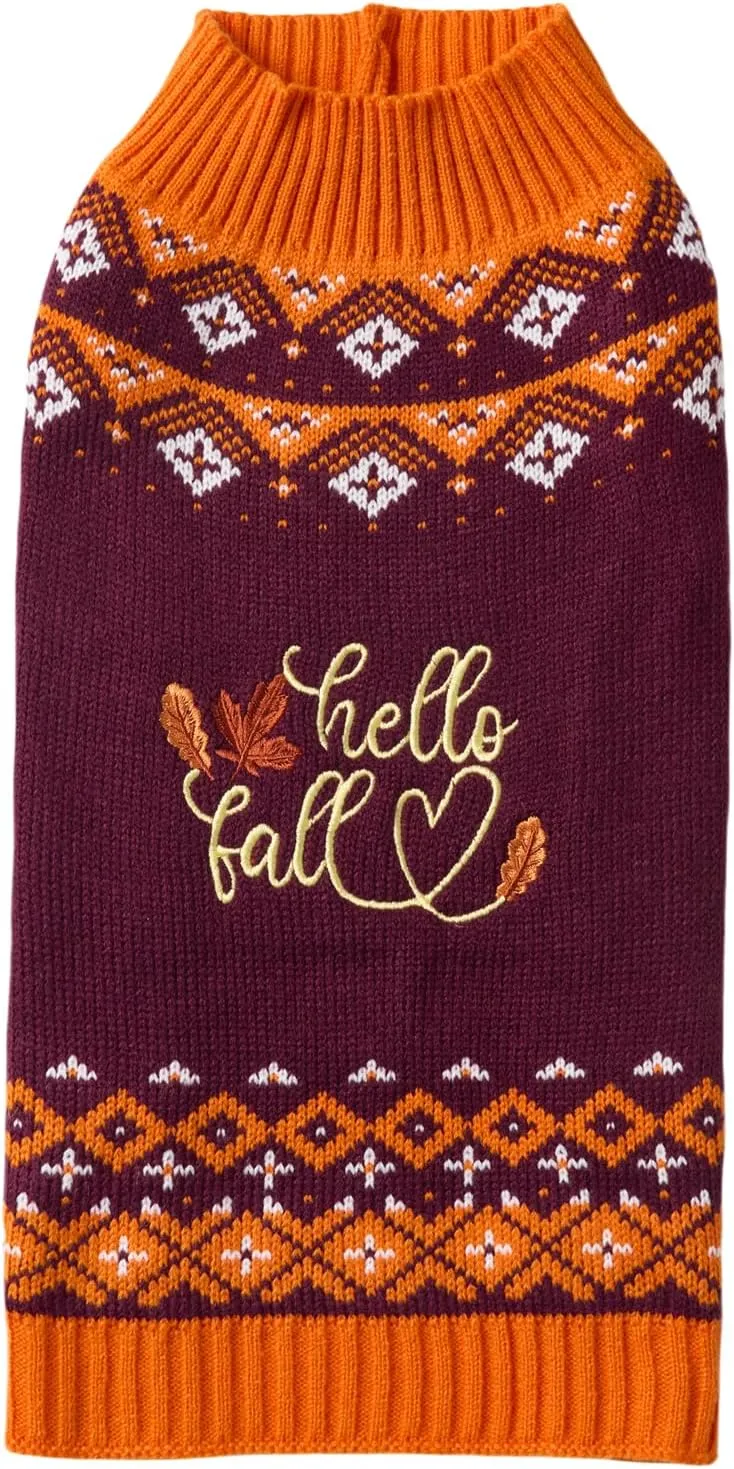 Hello Fall Leaves Thanksgiving Dog Sweater, Harvest Time Small Dog Fall Sweaters for Dogs Girls Boys, Orange, Medium M Size 14" Back