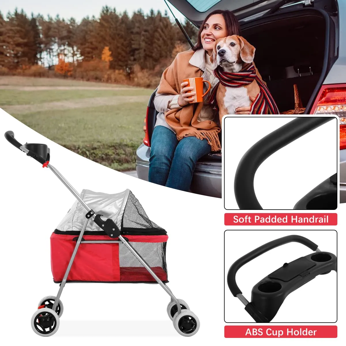 HHS Pet Stroller Dog for Small Medium Dogs & Cats 4 Wheels Foldable Jogger Travel Carrier Strolling Cart with Removable Liner and Storage Basket,Support to 35 LBS (Red), 30x19x36.8 Inch