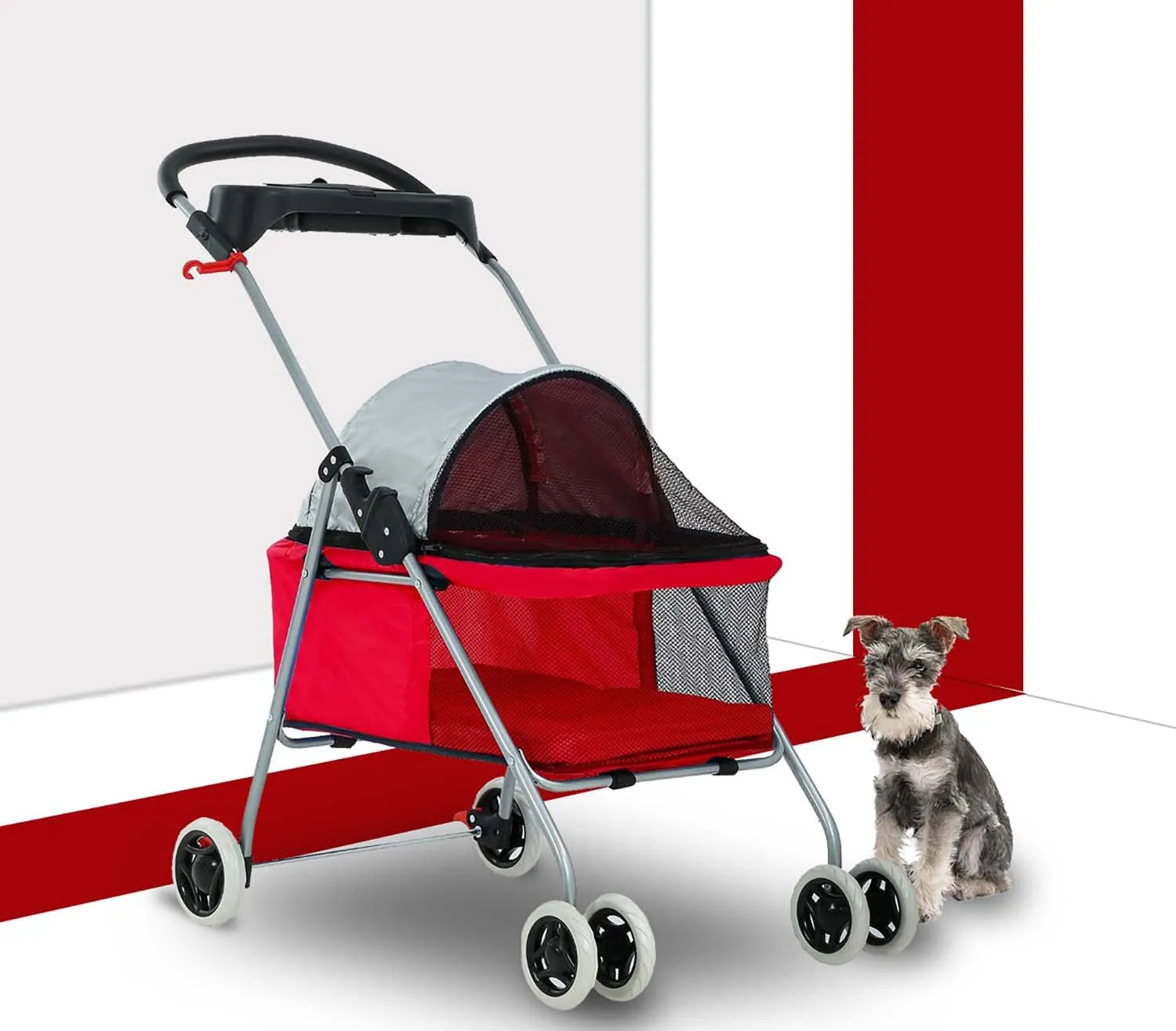 HHS Pet Stroller Dog for Small Medium Dogs & Cats 4 Wheels Foldable Jogger Travel Carrier Strolling Cart with Removable Liner and Storage Basket,Support to 35 LBS (Red), 30x19x36.8 Inch