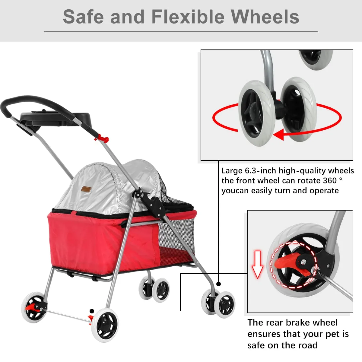 HHS Pet Stroller Dog for Small Medium Dogs & Cats 4 Wheels Foldable Jogger Travel Carrier Strolling Cart with Removable Liner and Storage Basket,Support to 35 LBS (Red), 30x19x36.8 Inch