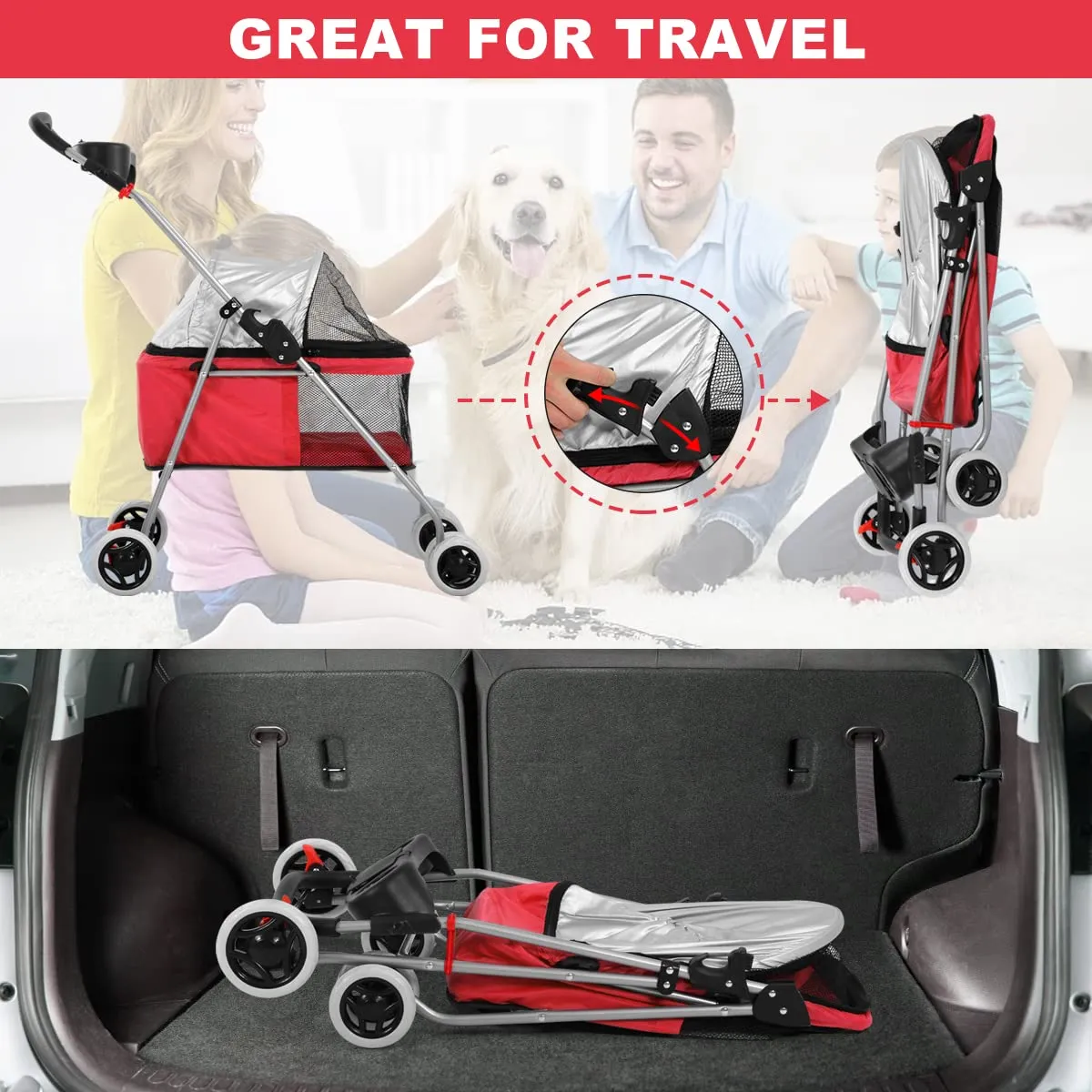 HHS Pet Stroller Dog for Small Medium Dogs & Cats 4 Wheels Foldable Jogger Travel Carrier Strolling Cart with Removable Liner and Storage Basket,Support to 35 LBS (Red), 30x19x36.8 Inch