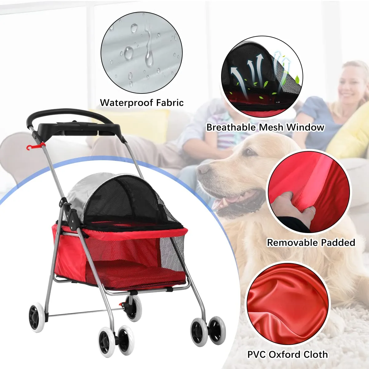 HHS Pet Stroller Dog for Small Medium Dogs & Cats 4 Wheels Foldable Jogger Travel Carrier Strolling Cart with Removable Liner and Storage Basket,Support to 35 LBS (Red), 30x19x36.8 Inch