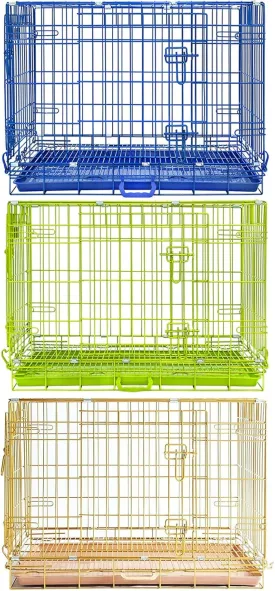 Homey Pet Medium Dog Crate, Collapsible Dog Cage for Small Dogs, Nano-Coating Metal Wire Dog Kennel Indoor with Removable Floor Grid and Tray, Double Doors, GOLD30 BLUE30 GREEN30 Bundle