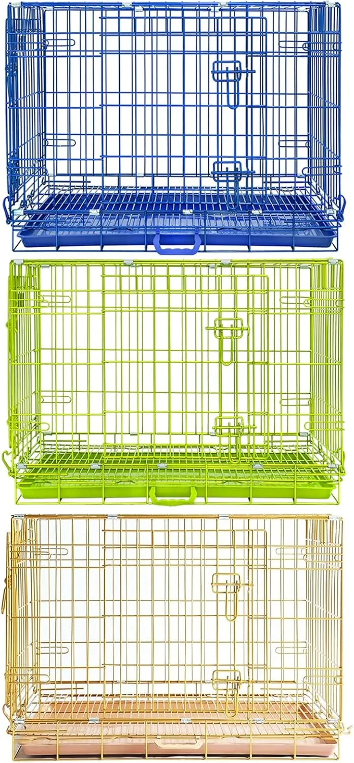 Homey Pet Medium Dog Crate, Collapsible Dog Cage for Small Dogs, Nano-Coating Metal Wire Dog Kennel Indoor with Removable Floor Grid and Tray, Double Doors, GOLD30 BLUE30 GREEN30 Bundle