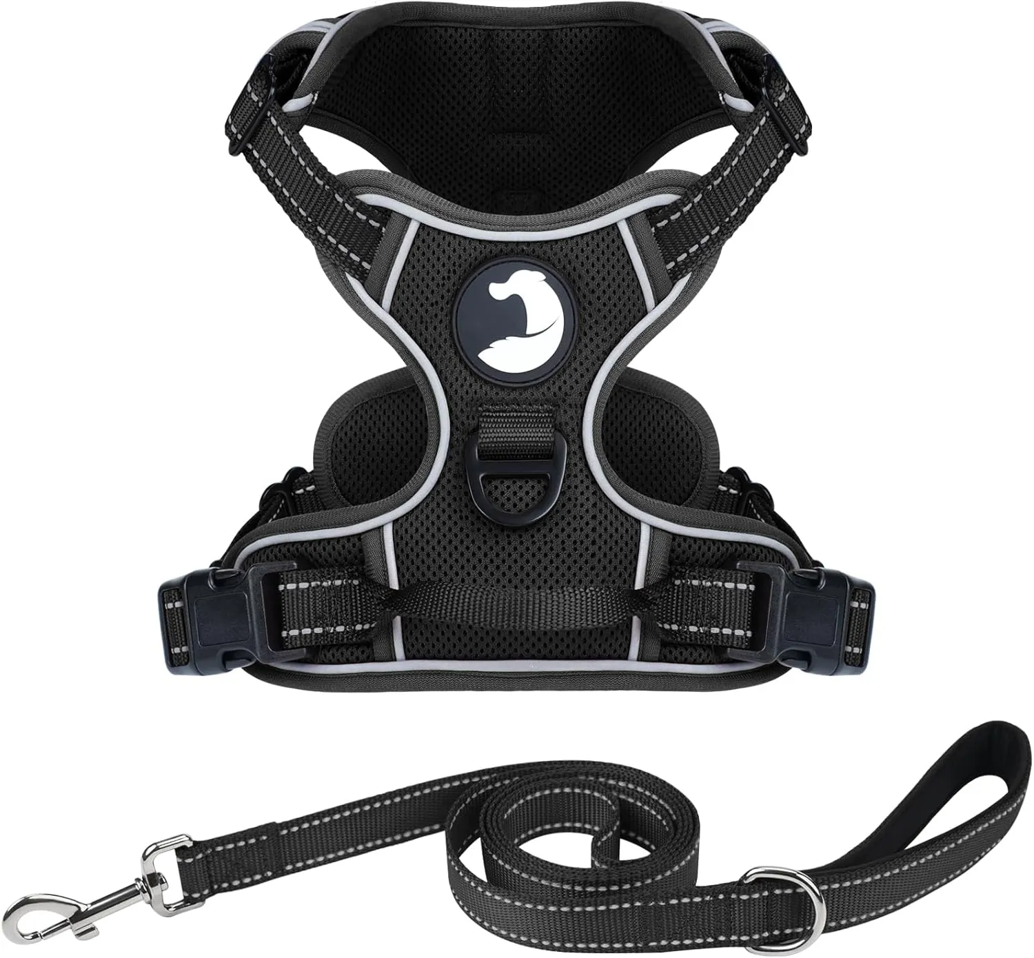 Joytale No Pull Mesh Dog Harness and Reflective Dog 4FT x 1" Leash Combo with Neoprene Handle for Medium Dogs (Black,M)