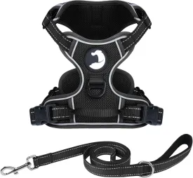 Joytale No Pull Mesh Dog Harness and Reflective Dog 4FT x 1" Leash Combo with Neoprene Handle for Medium Dogs (Black,M)
