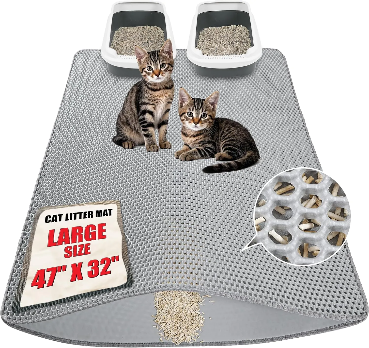 Large cat Litter mat, Jumbo Size (47" x 32") Gray, Double Layer, Waterproof, Odor-Free, Easy to Clean