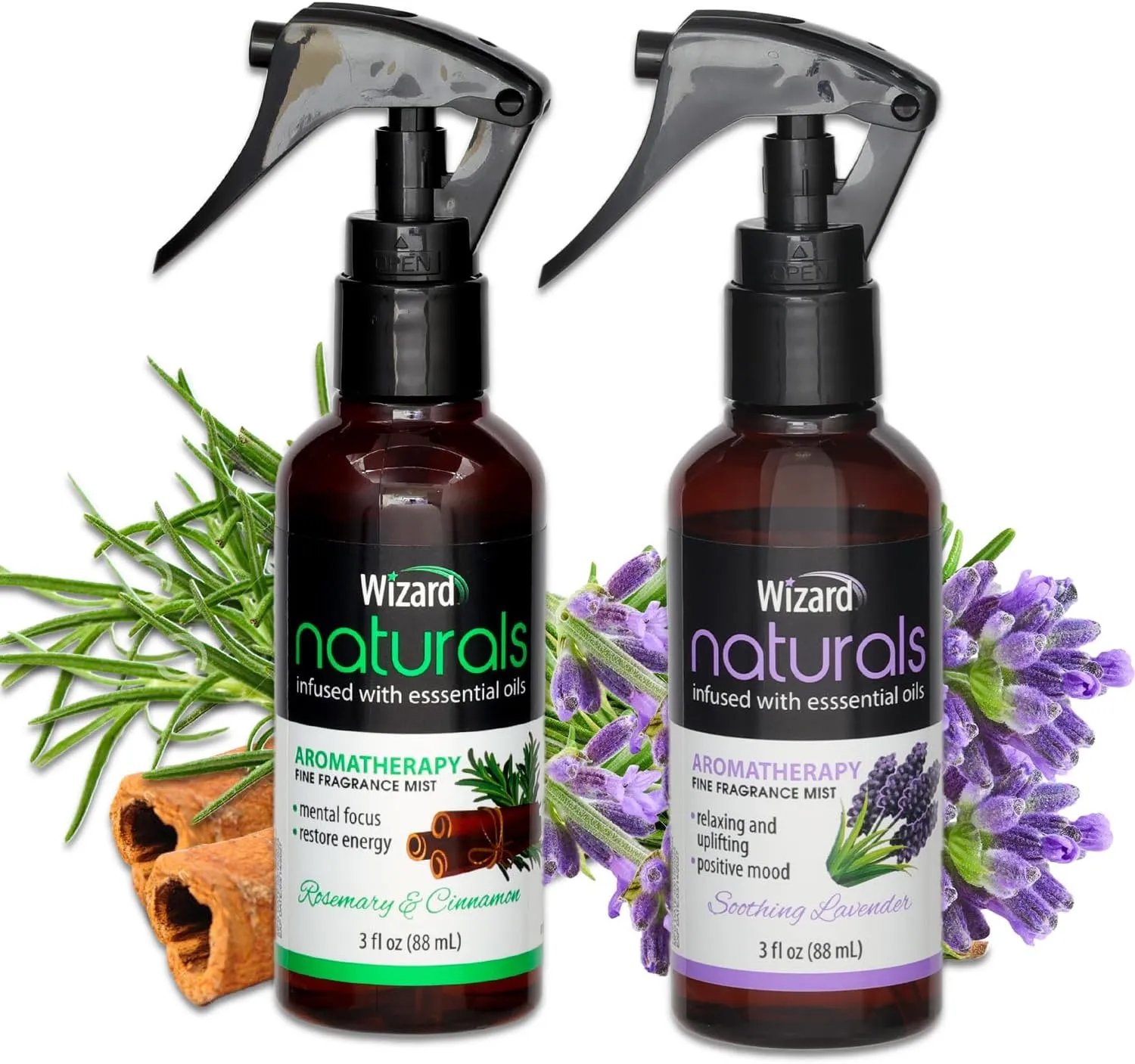 Lavender/Rosemary & Cinnamon Essential Oil Aromatherapy Sprays - Bundle with 2-Pack Aroma Mist with Essential Oils for Relaxation and Focus | 3 oz Lavender and Rosemary Room Sprays