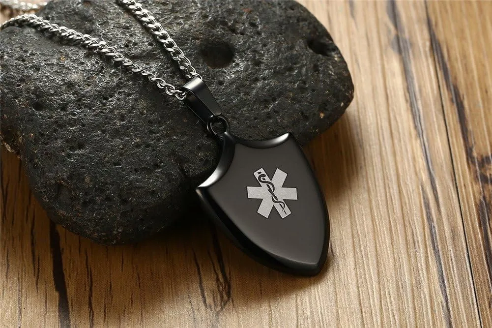 LF Mens Free Engraving Customized Stainless Steel ICE SOS Personalized Medical Alert ID Shield Tag Pendant Necklace Monitoring Emergency for Friend Grandpa Dad Husband Son