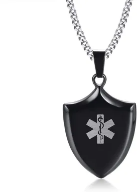 LF Mens Free Engraving Customized Stainless Steel ICE SOS Personalized Medical Alert ID Shield Tag Pendant Necklace Monitoring Emergency for Friend Grandpa Dad Husband Son