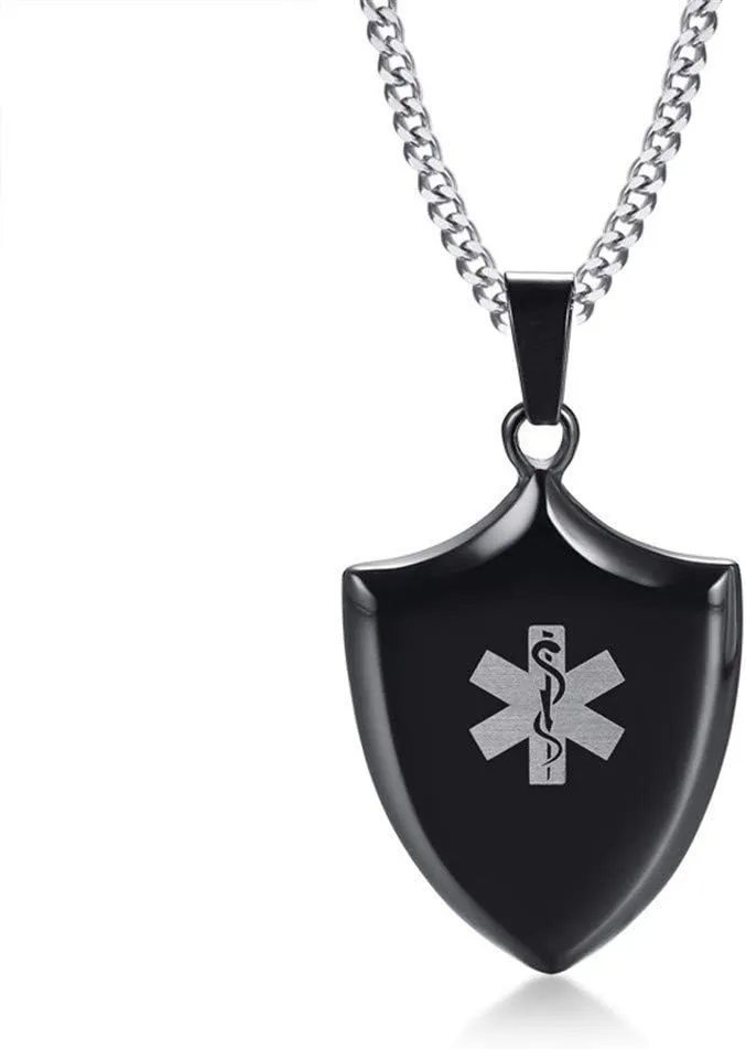 LF Mens Free Engraving Customized Stainless Steel ICE SOS Personalized Medical Alert ID Shield Tag Pendant Necklace Monitoring Emergency for Friend Grandpa Dad Husband Son