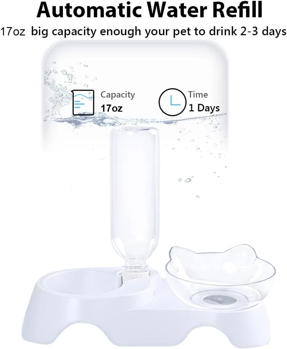 MILIFUN Double Dog Cat Bowls - Pets Water and Food Bowl Set, 15Tilted Water and Food Bowl Set with Automatic Waterer Bottle for Small or Medium Size Dogs Cats
