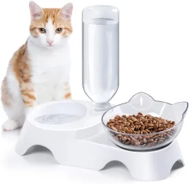 MILIFUN Double Dog Cat Bowls - Pets Water and Food Bowl Set, 15Tilted Water and Food Bowl Set with Automatic Waterer Bottle for Small or Medium Size Dogs Cats