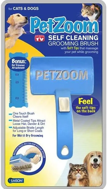 New PetZoom Self Cleaning Grooming Brush with Bonus Pet Trimmer