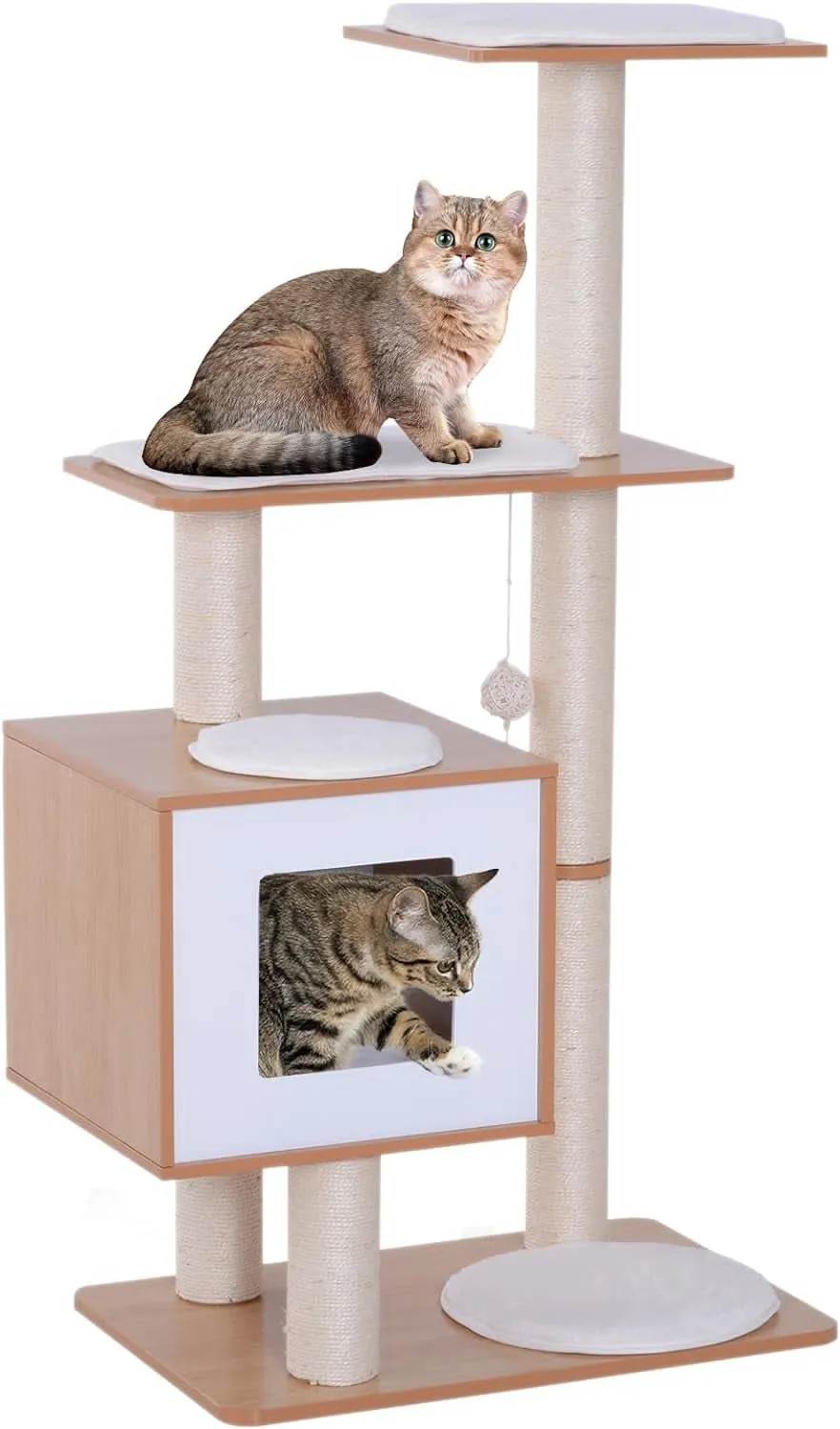 NEW Retails $110 PawHut 47" Wood Cat Tree, Cat Condo Tower with Scratching Post, Toy Ball, Natural Wood, White