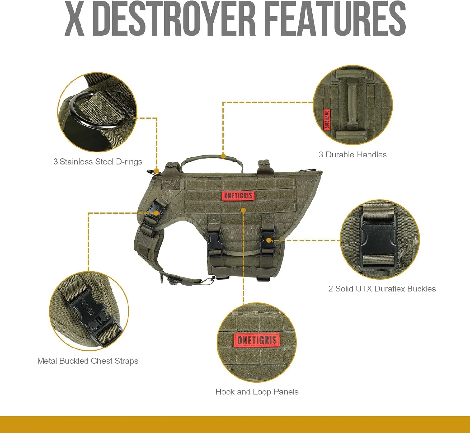 OneTigris Large Tactical Dog Harness, No Pulling Adjustable Dog Vest Harness, Heavy Duty Dog Harness with Handle, Large Hook and Loop Panels for Patch Green