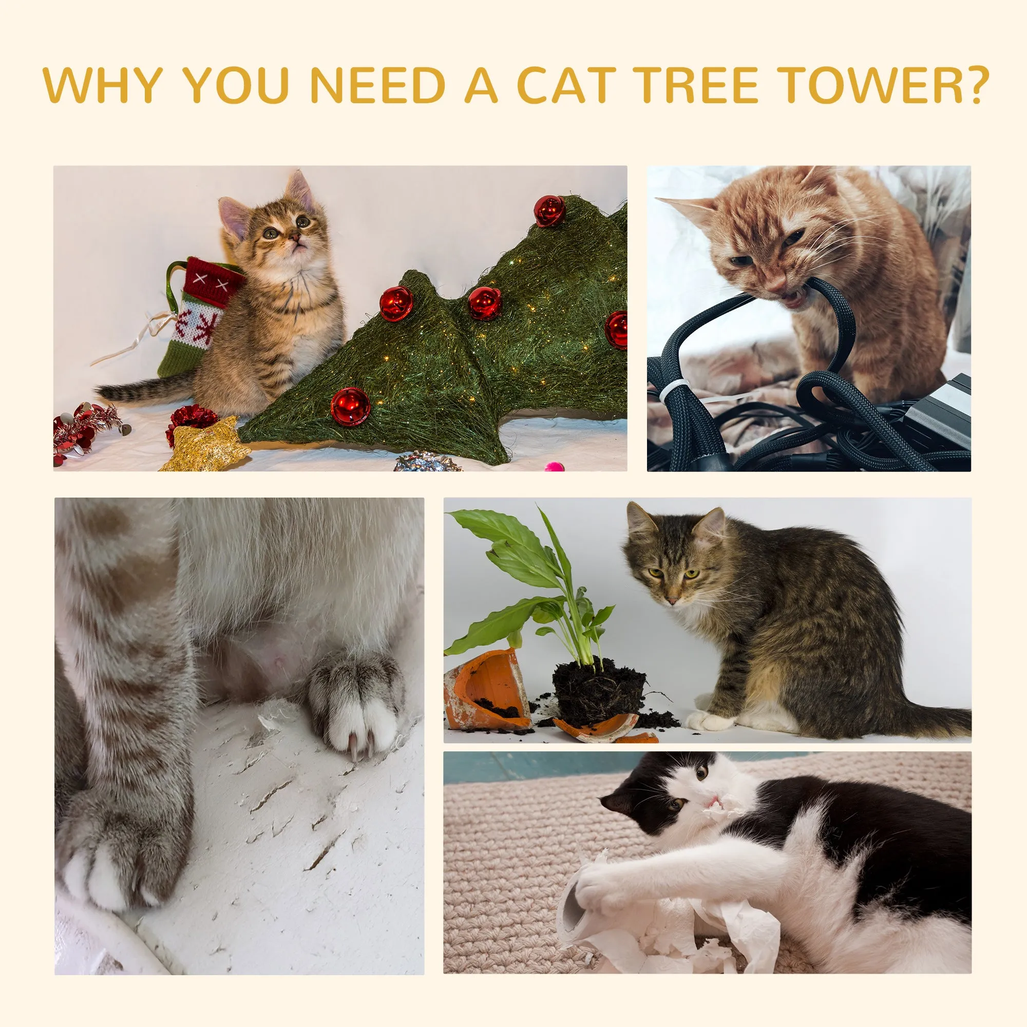 PawHut Floor-to-Ceiling Cat Tree for Indoor Cats, 240-260cm Adjustable Cat Tree - White