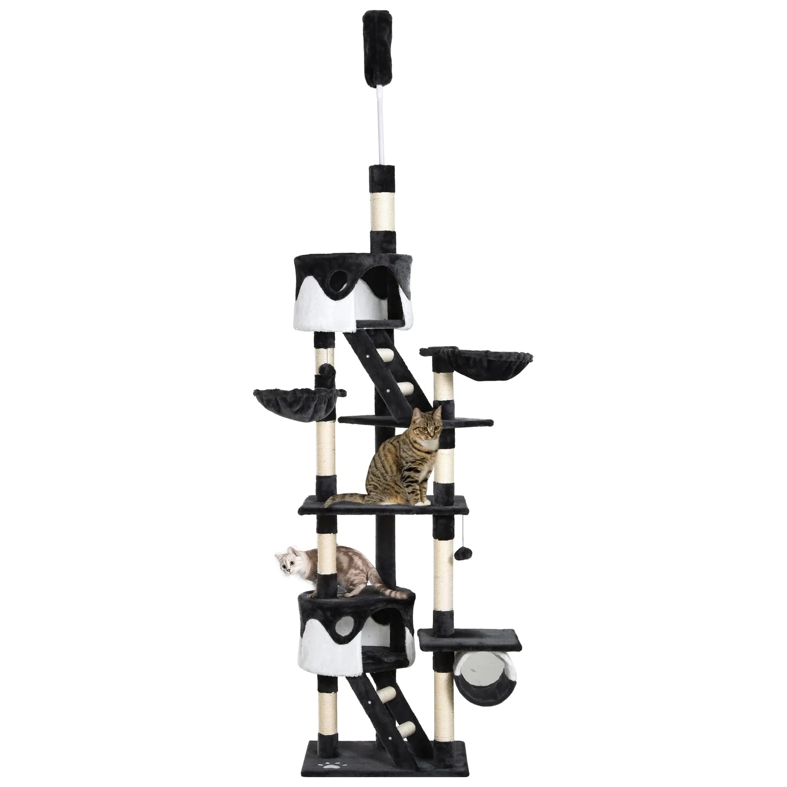 PawHut Floor-to-Ceiling Cat Tree for Indoor Cats, 240-260cm Adjustable Cat Tree - White