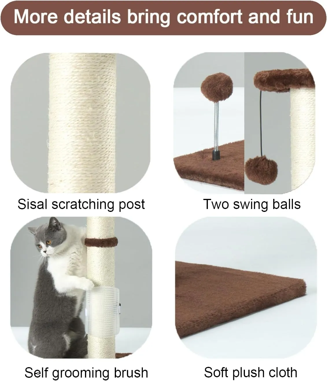 PEEKAB 32" Tall Cat Scratching Post Sisal Rope Scratch Posts with Hanging Ball and Self-Massage Brush Vertical Scratcher for Indoor Cats and Kittens Brown 32inches