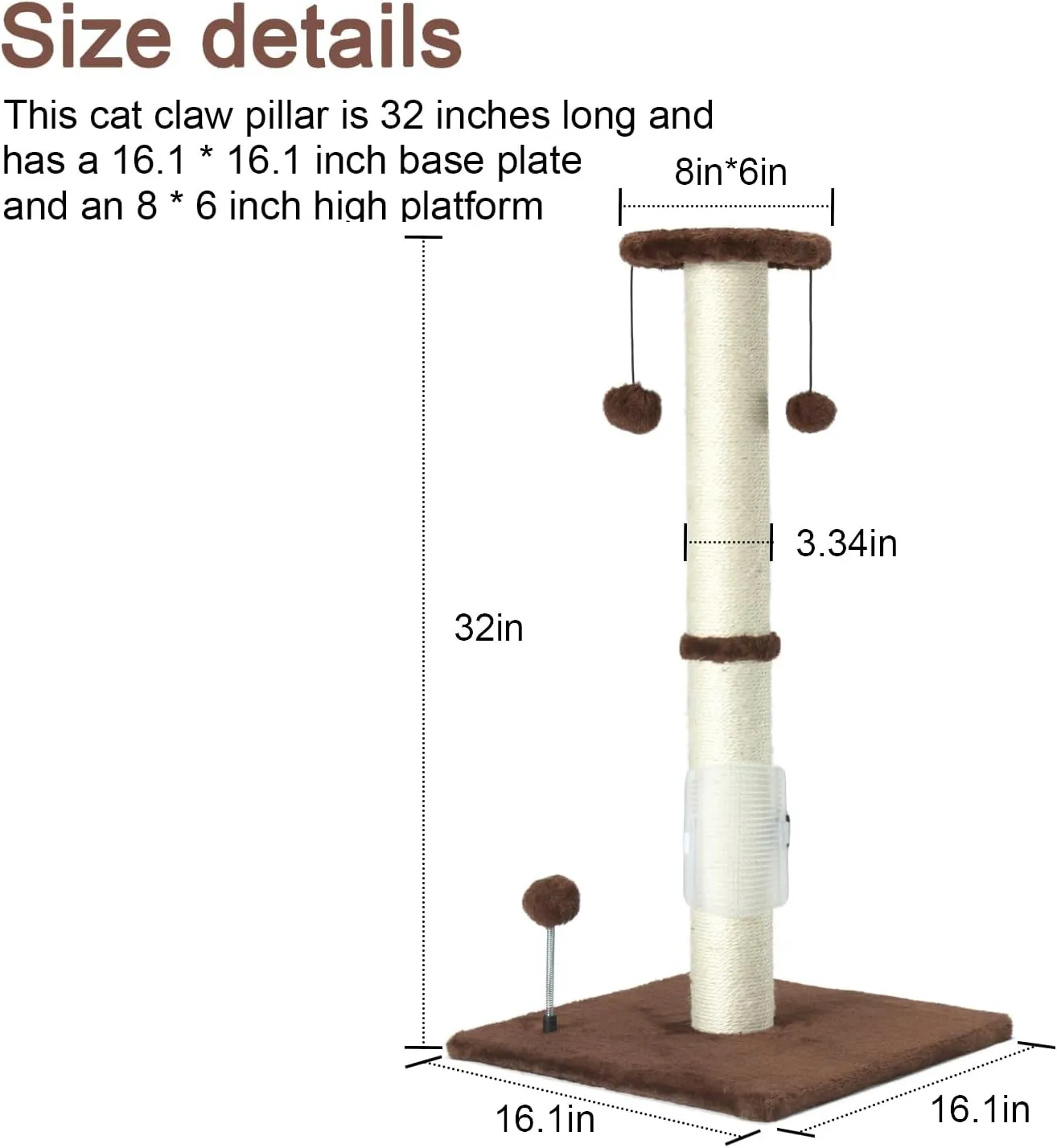 PEEKAB 32" Tall Cat Scratching Post Sisal Rope Scratch Posts with Hanging Ball and Self-Massage Brush Vertical Scratcher for Indoor Cats and Kittens Brown 32inches