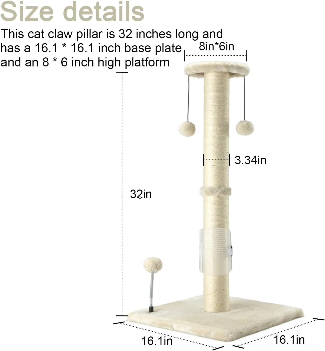 PEEKAB 32" Tall Cat Scratching Post Sisal Rope Scratch Posts with Hanging Ball and Self-Massage Brush Vertical Scratcher for Indoor Cats and Kittens(Beige 32inches)
