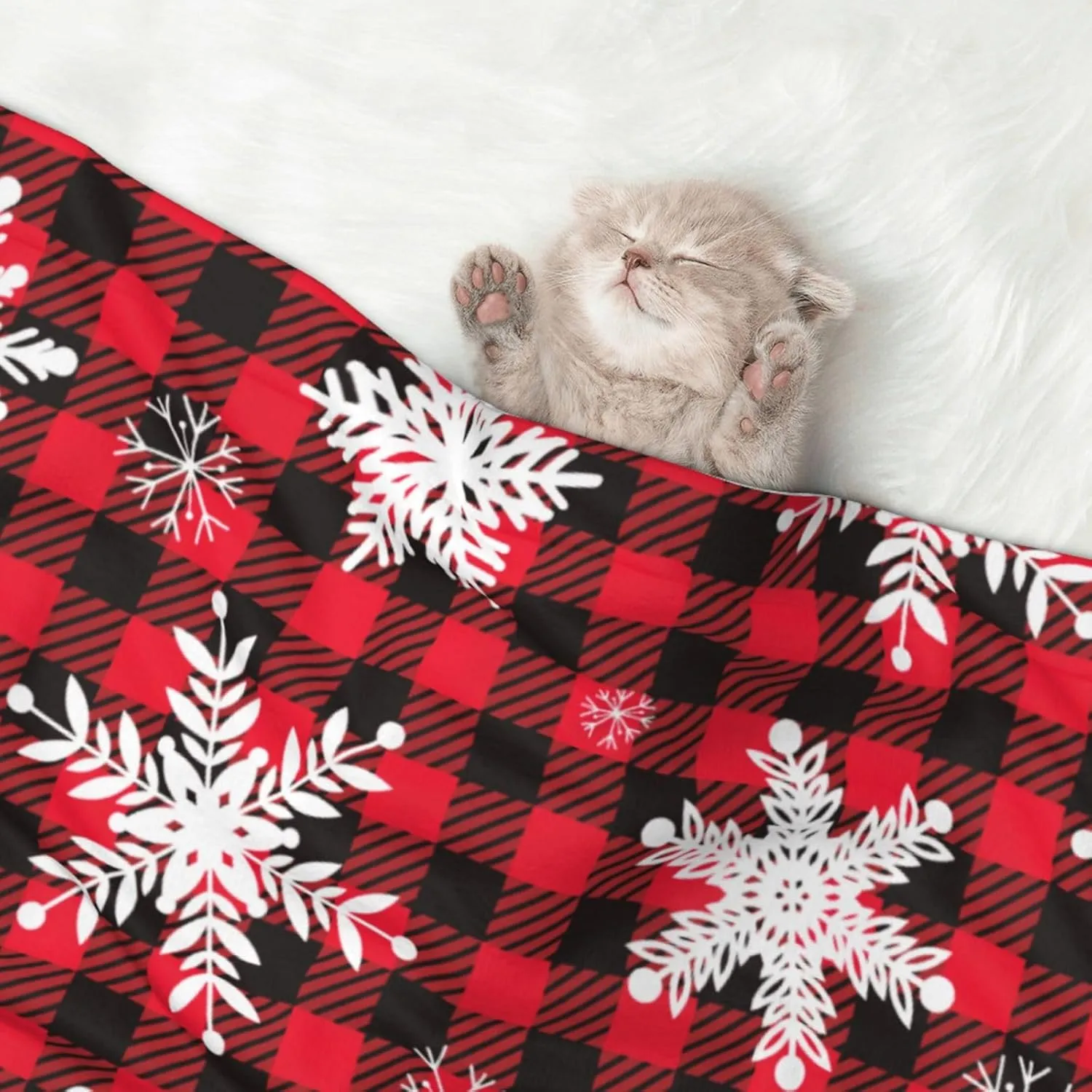 Plush Pet Blanket Christmas Snowflakes Black Red Buffalo Plaid 3D Paw Print Design Soft Fluffy Blankets Throw for Dog Puppy Cat Kitten Pets Gifts Small