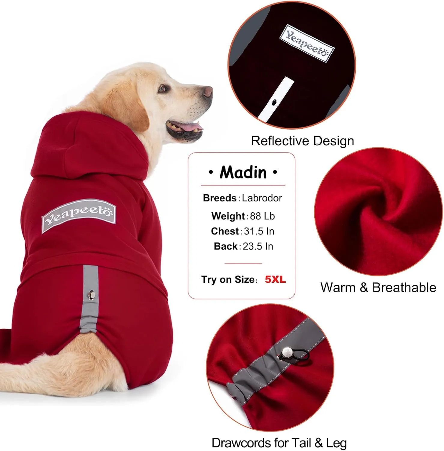 Red, X-Large Dog Winter Coat - Pullover 4 Legs Warm Hooded Sweatshirt Fleece Hoodie for Large Medium Dogs