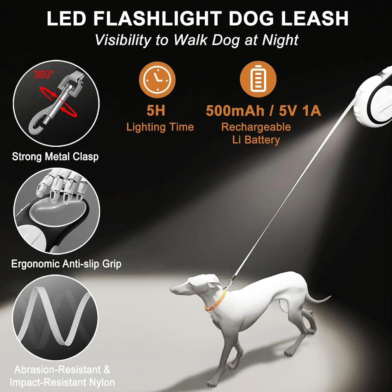 Retractable Dog Leash for Small Medium Dogs,16ft Dog Retractable Leash with Led Flashlight & Poop Bag Holder for Night Walking, for Puppy Doggie Pet Upto 66 Lbs, No Tangle, Rechargeable