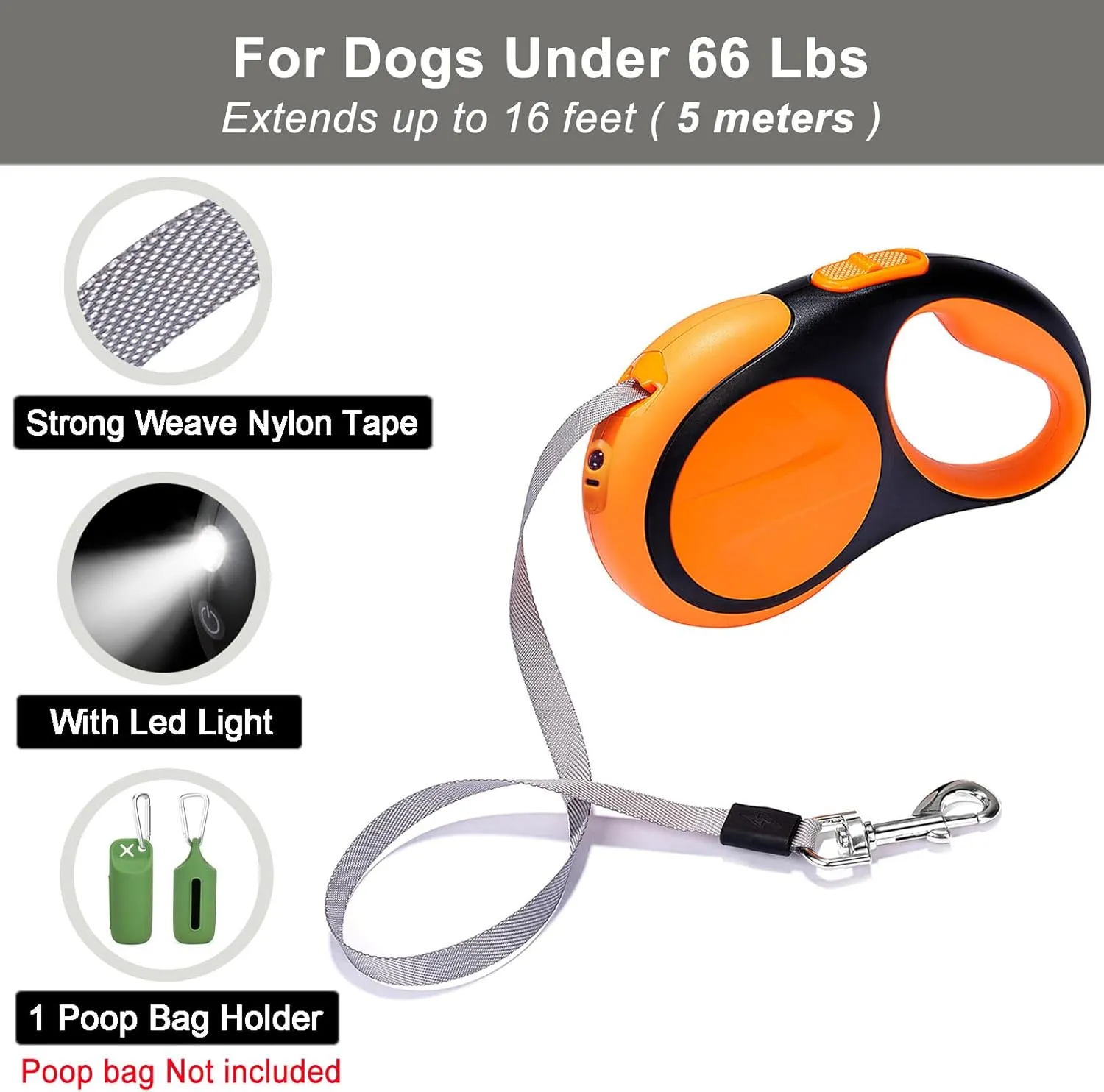 Retractable Dog Leash for Small Medium Dogs,16ft Dog Retractable Leash with Led Flashlight & Poop Bag Holder for Night Walking, for Puppy Doggie Pet Upto 66 Lbs, No Tangle, Rechargeable