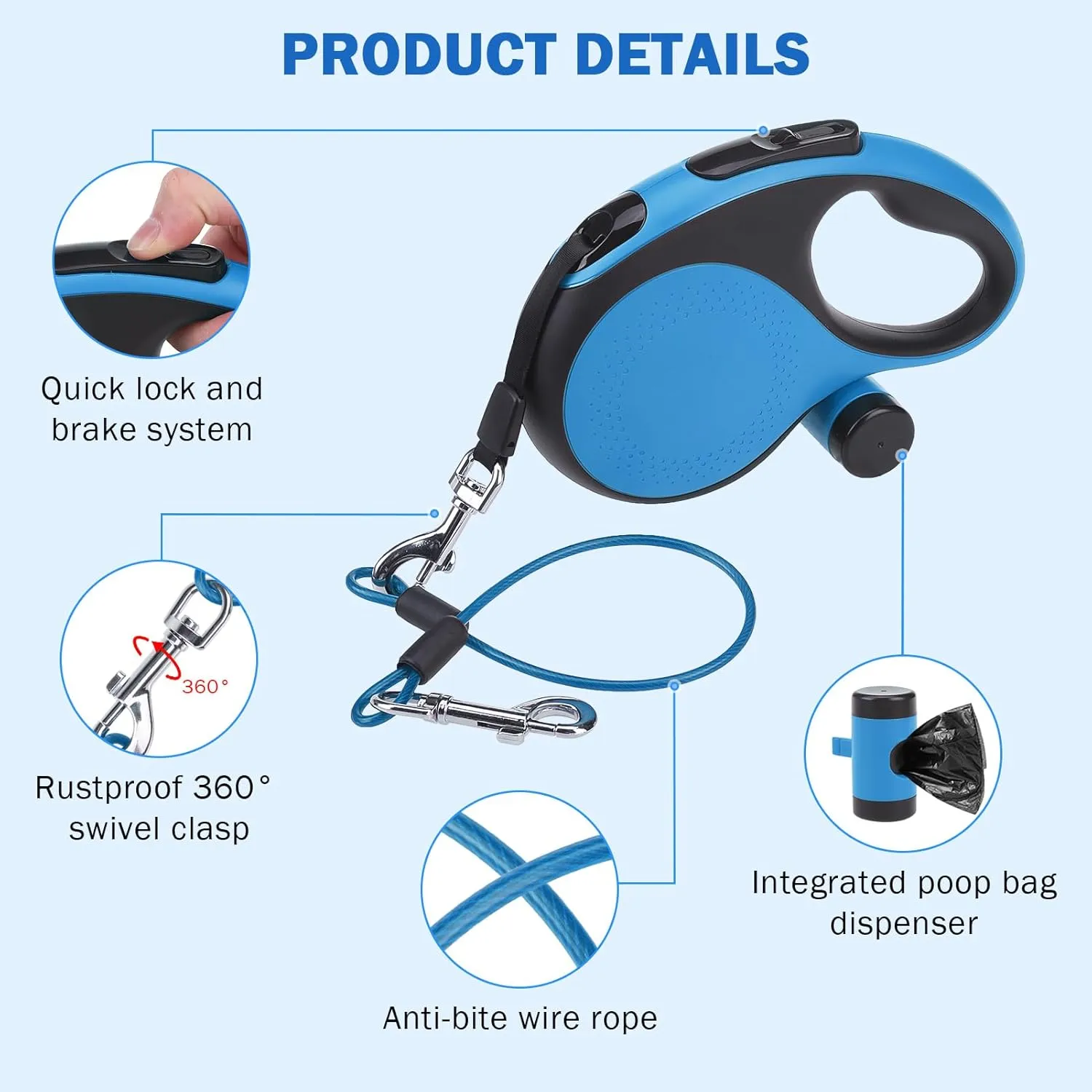 SCENEREAL Retractable Dog Leash for Small Medium Large Dogs up to 110lbs, 26ft 360 Tangle-Free Nylon Tape with Anti-Chewing Wire Rope&Waste Bag Dispenser, Heavy Duty Long Durable One-Handed Brake