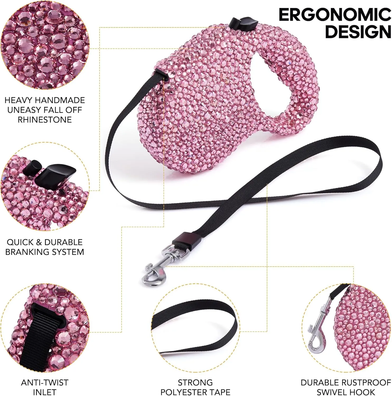 Sparkle Retractable Dog Leash,Pink Rhinestone Pet Walking Leash for Small Medium Dog Cat,Bling Small Puppy Leash,Durable 16 ft Strong Nylon Tape,360Tangle-Free,One-Handed Brake, Pause, Lock