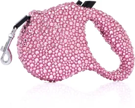 Sparkle Retractable Dog Leash,Pink Rhinestone Pet Walking Leash for Small Medium Dog Cat,Bling Small Puppy Leash,Durable 16 ft Strong Nylon Tape,360Tangle-Free,One-Handed Brake, Pause, Lock