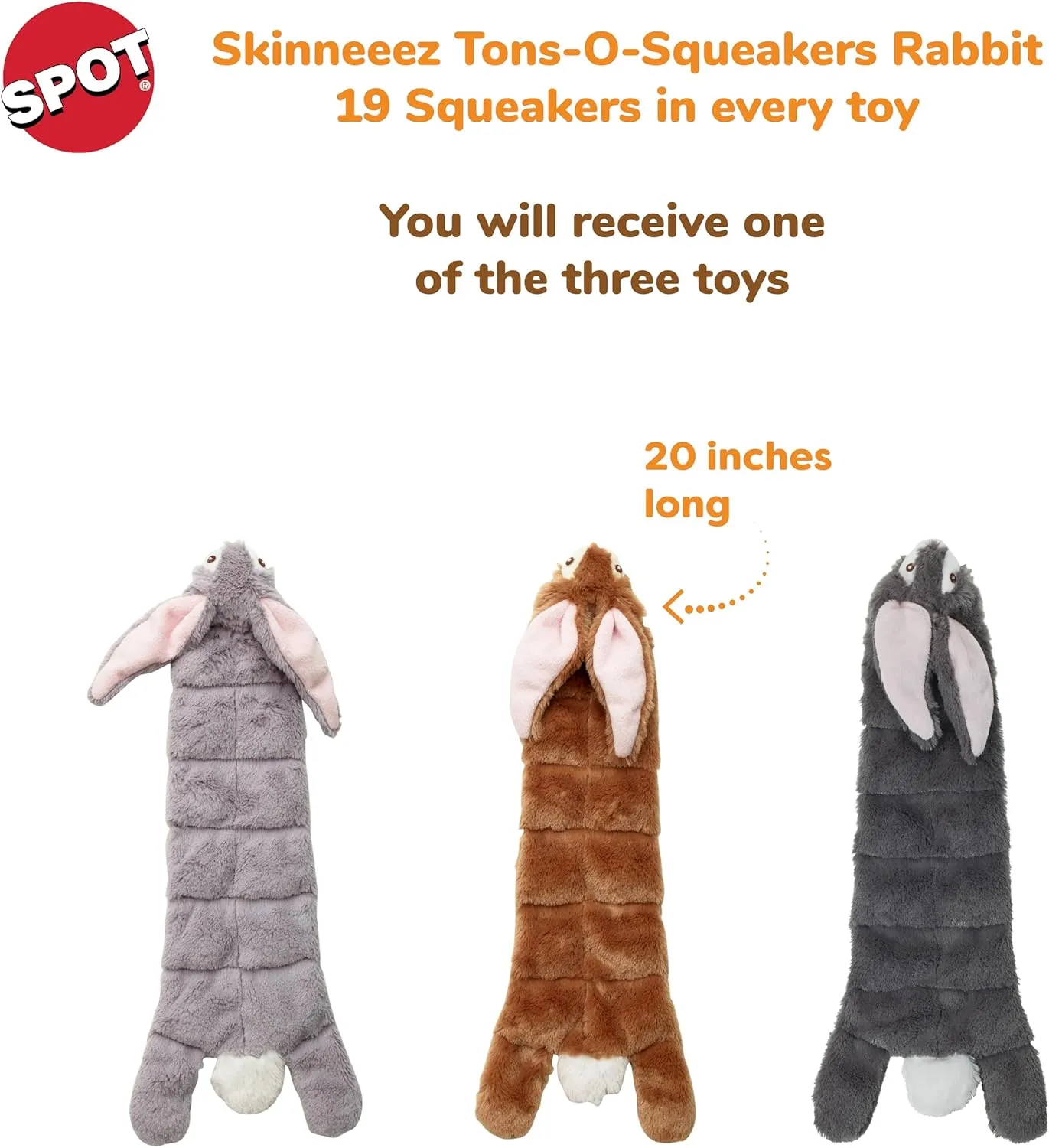 SPOT Skinneeez Tons-O-Squeakers Rabbit Dog Toy - with 19 Squeakers for Tons-O-Fun! Stuffing-Free Design is Great for Moderate Chewers, Tug Toy for Medium to Large Puppies & Dogs - 20in Color May Vary