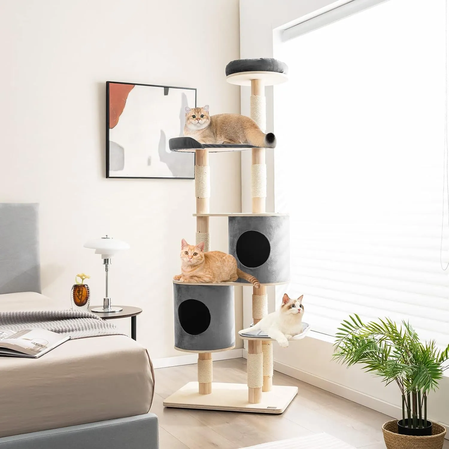 Tangkula 75 Inch Tall Cat Tree for Indoor Cats, Natural Solid Rubber Wood Cat Tower with Sisal Scratching Posts, Top Perch, Detachable Cat Condo, 6-Layer Modern Cat Trees and Towers for Large Cats