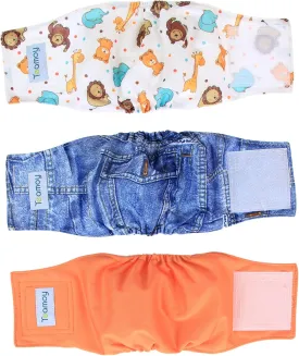 Teamoy Reusable Wrap Diapers for Male Dogs, Washable Puppy Belly Band Pack of 3 (XS, 7"-9" Waist, Orange  Denim  Fat Smile)
