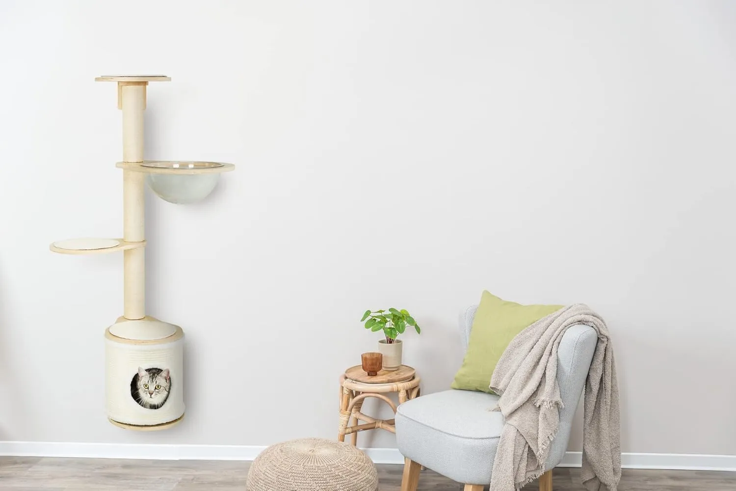 TRIXIE Mateo 54.3-in. Wall Mounted Cat Tree with Sisal Scratching Posts, Condo, Bubble Capsule Hammock, and 3 Platforms, Natural/White