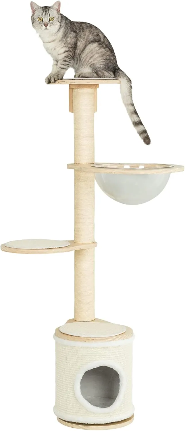 TRIXIE Mateo 54.3-in. Wall Mounted Cat Tree with Sisal Scratching Posts, Condo, Bubble Capsule Hammock, and 3 Platforms, Natural/White