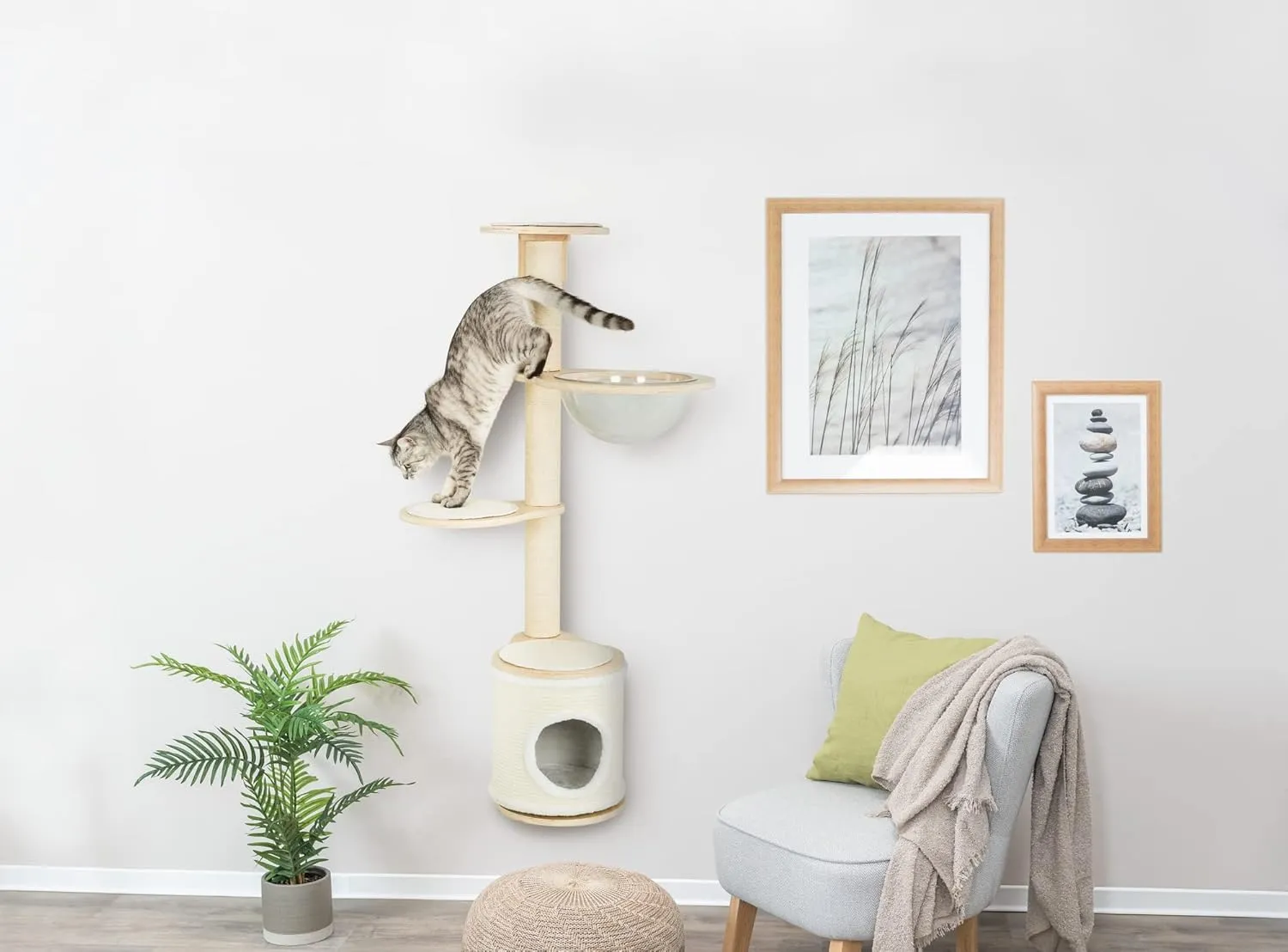TRIXIE Mateo 54.3-in. Wall Mounted Cat Tree with Sisal Scratching Posts, Condo, Bubble Capsule Hammock, and 3 Platforms, Natural/White