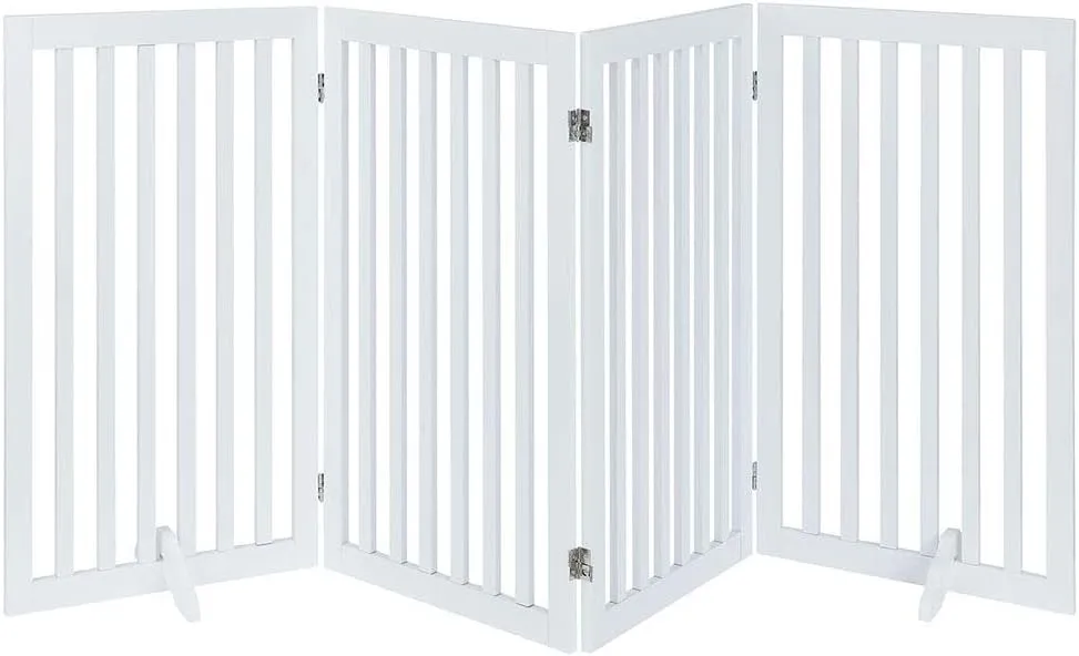 unipaws Freestanding Tall Dog Gate, Foldable Pet Fence, Indoor Wood Barrier, Assembly Free Stair Gate with 2PCS Support Feet (91cm H, 4Panels, White)