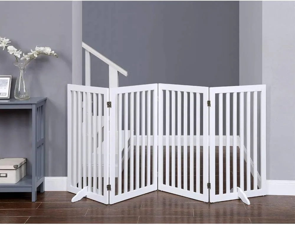 unipaws Freestanding Tall Dog Gate, Foldable Pet Fence, Indoor Wood Barrier, Assembly Free Stair Gate with 2PCS Support Feet (91cm H, 4Panels, White)