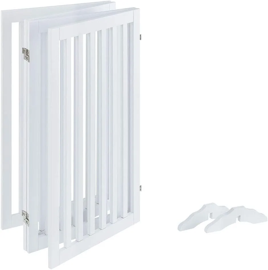 unipaws Freestanding Tall Dog Gate, Foldable Pet Fence, Indoor Wood Barrier, Assembly Free Stair Gate with 2PCS Support Feet (91cm H, 4Panels, White)