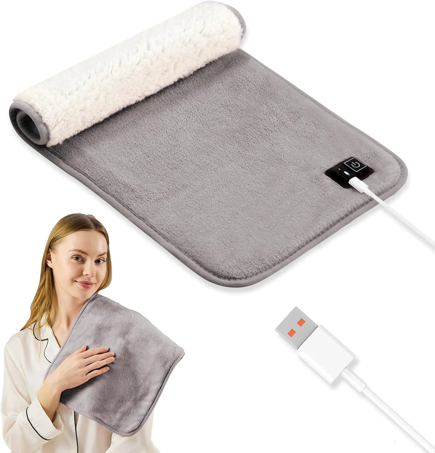 USB to USB C, 18W Fast Heated Pad 24"x 12", USB Heating Pad, Car Heating Pad, Heat Settings, Electric Heating Pads for Back, Machine Washable, Auto Shut Off, Back Pain Relief/Period Cramps, Grey